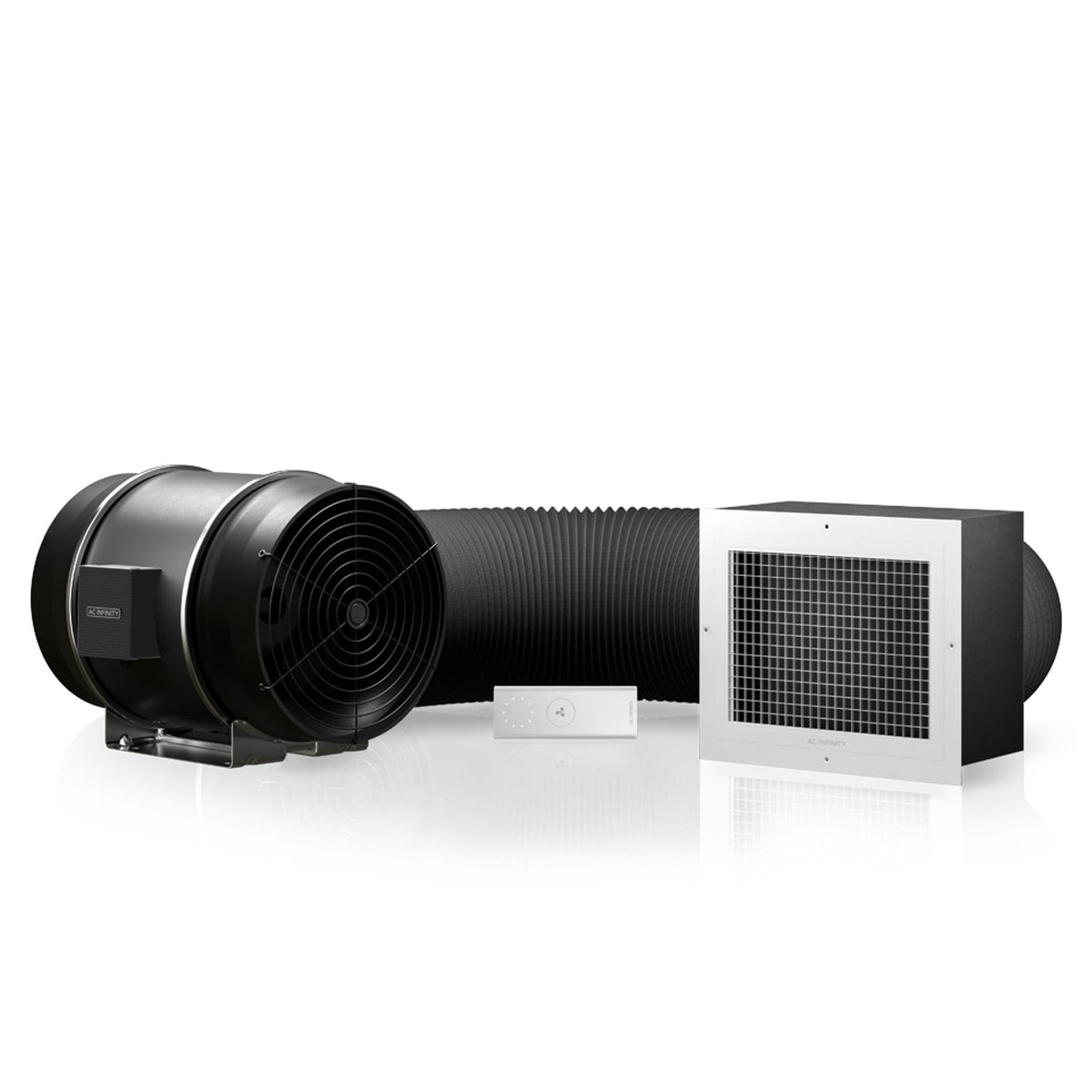 AC Infinity CLOUDWAY S12 whole house fan kit with the 12 inch inline fan unit, insulated ducting, wireless speed controller and wall grille laid out together