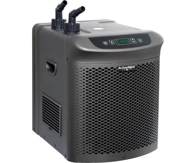 Active Aqua 1/4 HP water chiller for hydroponic reservoirs, three-quarter view showing inlet and outlet ports