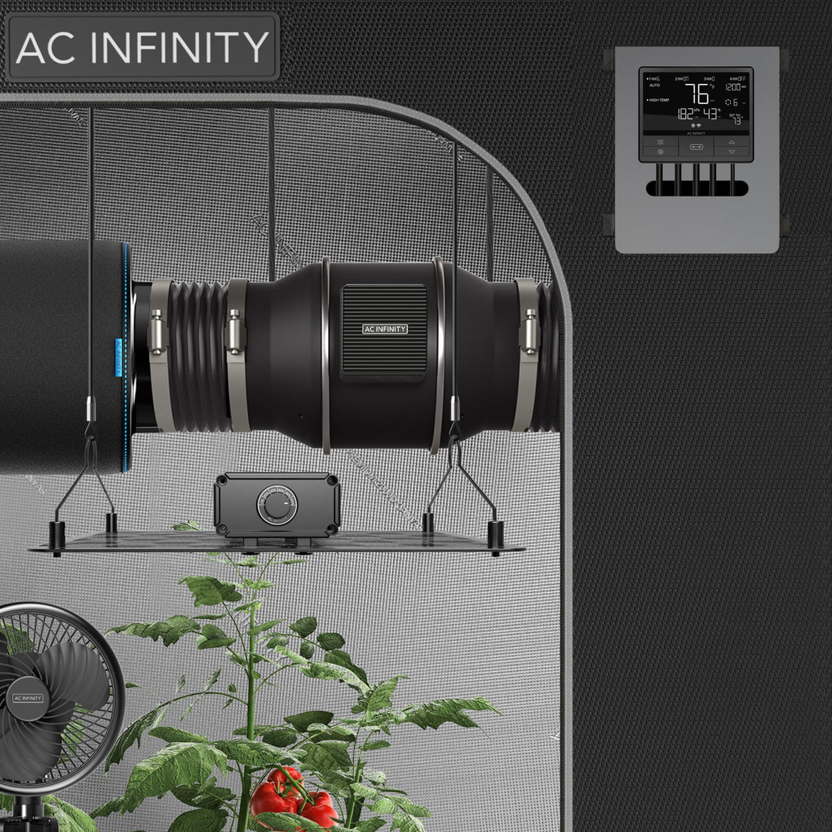 AC Infinity CLOUDLINE T4 inline fan and Controller 69 Pro running climate control inside a grow tent