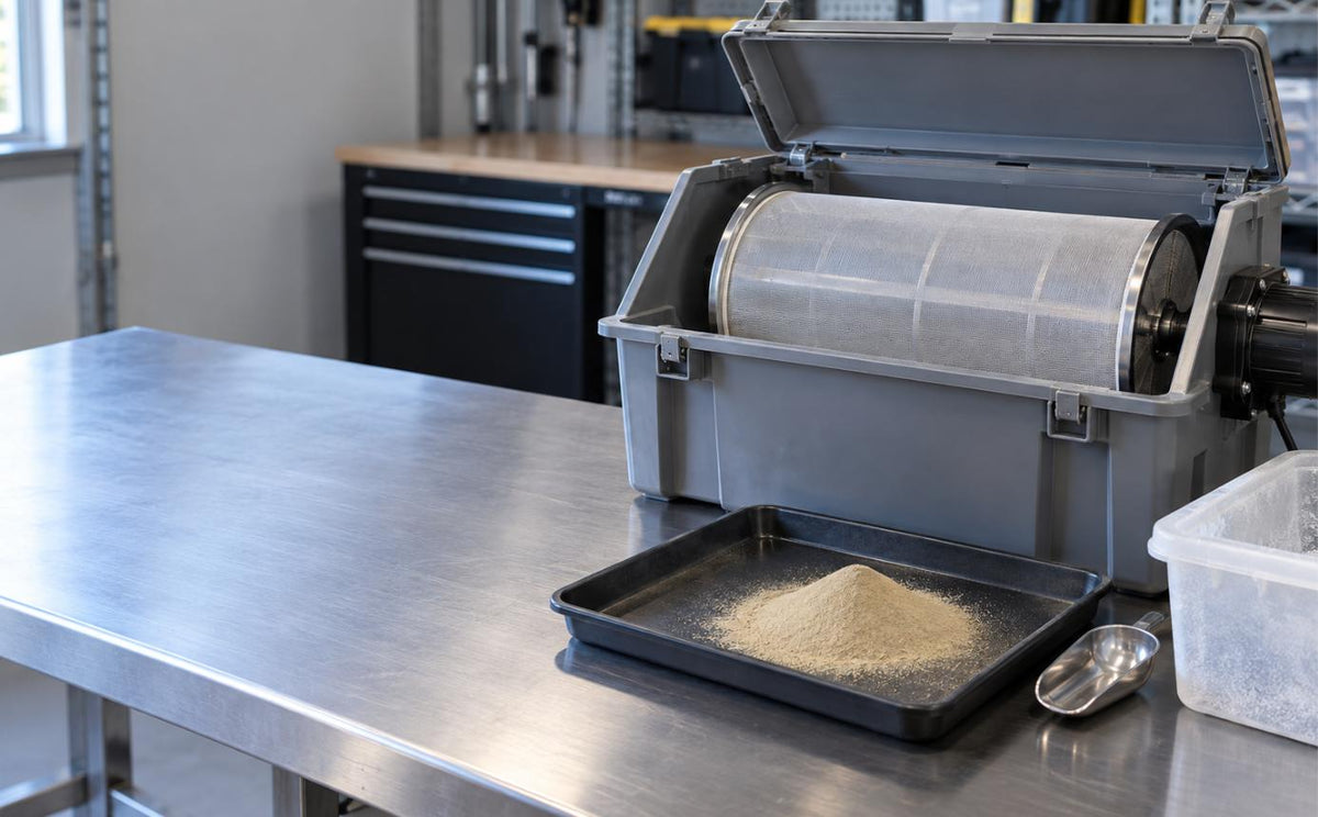 Dry sift pollen tumbler with the lid open showing its mesh drum, and a tray of fine sift on a stainless steel bench