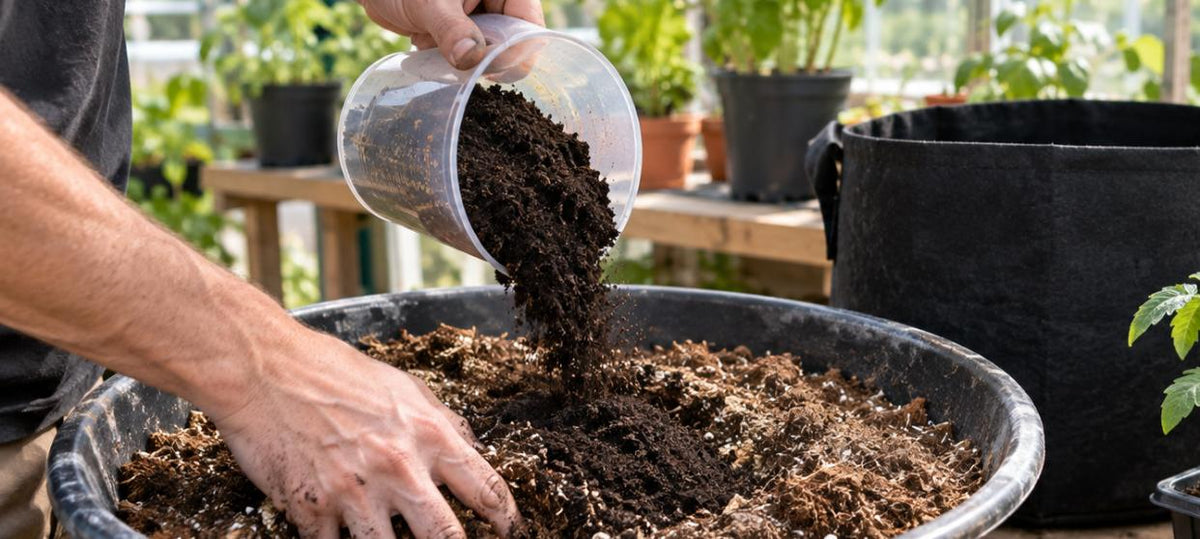 Gardener mixing a measuring cup of dark, fine worm castings into light brown potting soil in a mixing tub on a greenhouse potting bench