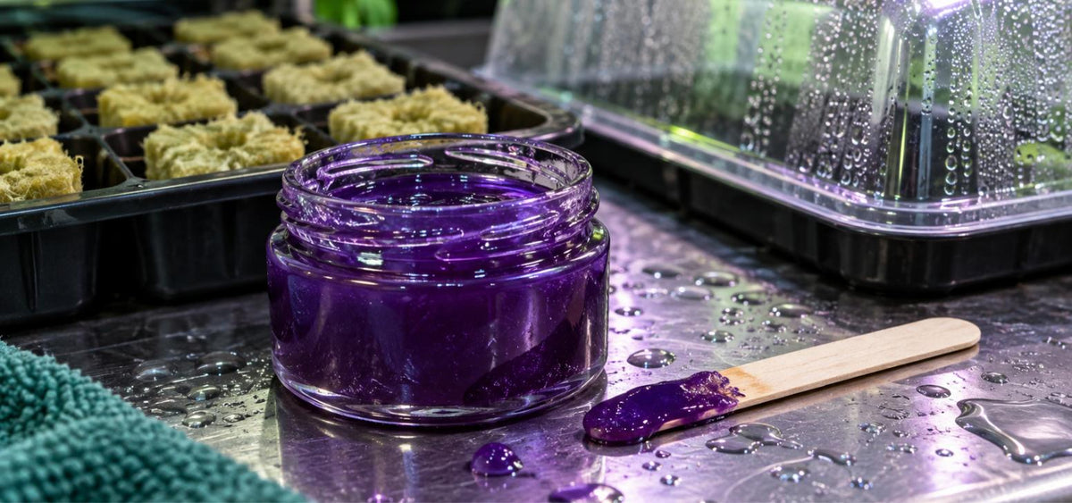 Open jar of purple Clonex rooting gel beside a gel-coated dipping stick on a wet potting bench, with a tray of rockwool propagation cubes and a humidity dome in the background