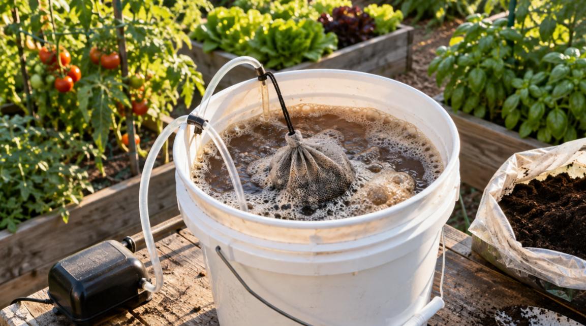 Five gallon bucket of aerated compost tea with a foam cap and a mesh compost bag suspended in it, air pump and tubing on a potting bench beside raised vegetable beds
