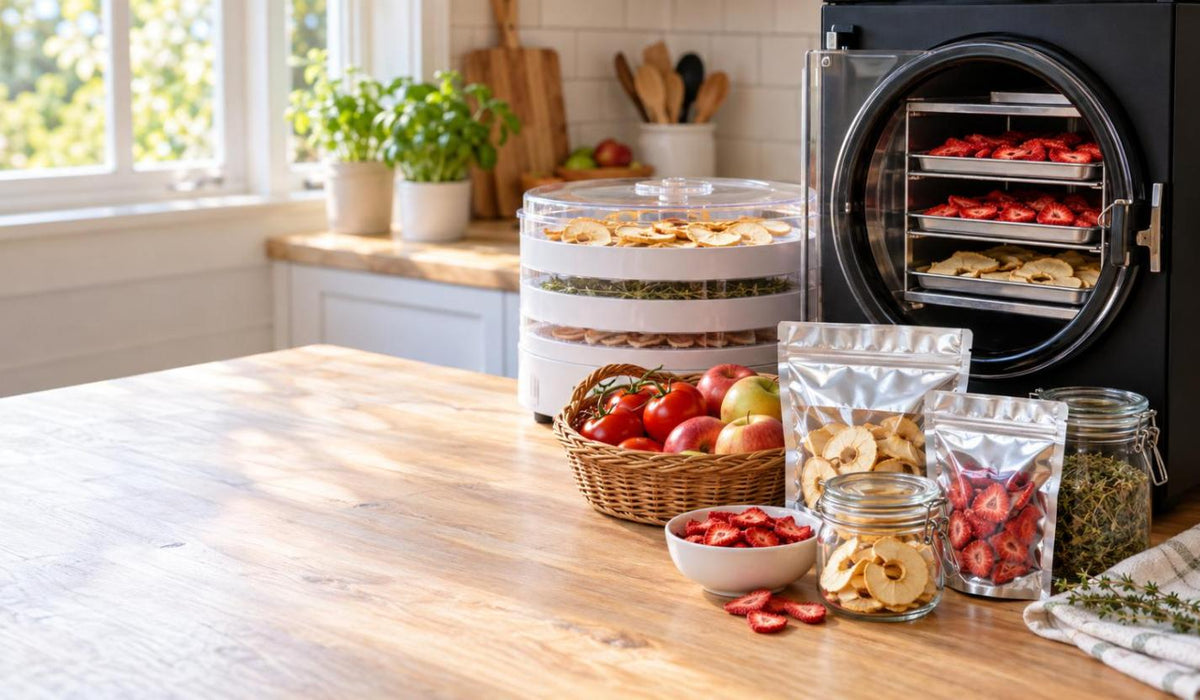 Home freeze dryer and stacking food dehydrator on a kitchen counter with mylar pouches, jars of dried fruit and fresh produce