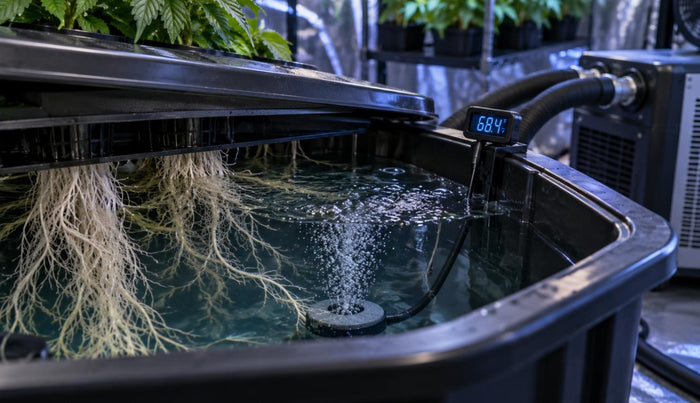 Hydroponic reservoir with a digital thermometer reading 68 degrees, white roots below the water line, air stone and water chiller behind