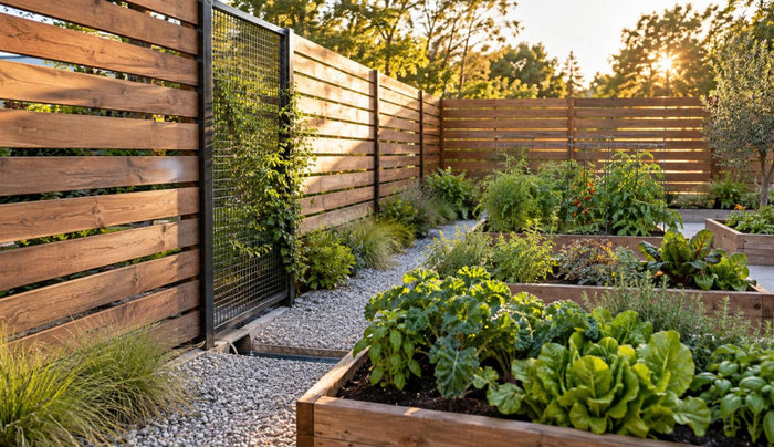 Slatted wood privacy fence with an open mesh panel and gravel drainage strip enclosing raised vegetable beds