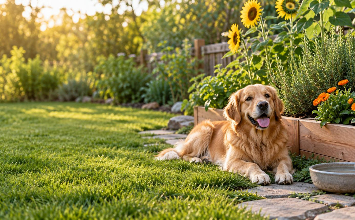 Golden retriever resting on grass by a stone path and raised cedar bed of sunflowers, rosemary and calendula in a backyard