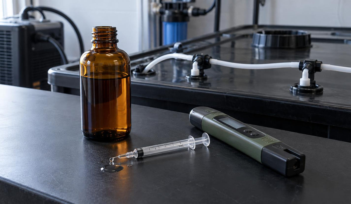 Amber silica supplement dosing bottle, 1 mL syringe and digital pH pen on a grow room bench beside a hydroponic reservoir with white drip tubing and emitters.
