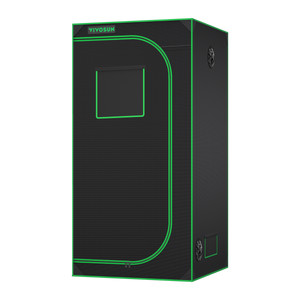 Tall black grow tent with green piping, front zipper door, observation window, and Vivosun logo on top.