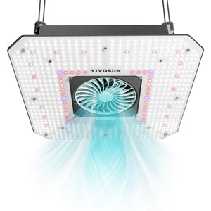 Square Vivosun LED grow light with a central cooling fan blowing blue air, surrounded by white and red diodes.