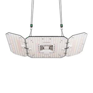 LED grow light hanging against a black background, featuring a central panel with a built-in fan and two angled side panels.