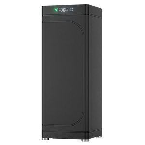 Tall black grow tent with a digital display panel on the front top and silver feet.