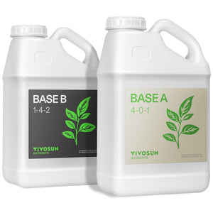 Two white plastic jugs labeled Base A and Base B with green leaf illustrations against white backgrounds.