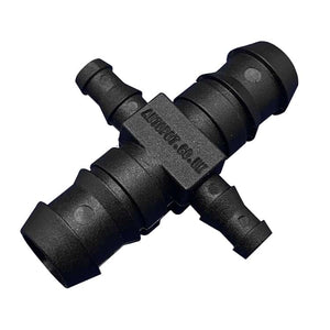 Black plastic cross connector for AutoPot hydroponic systems, designed to join 1/2″ and 3/8″ irrigation tubing.