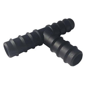 Black 1/2-inch plastic barbed tee connector for irrigation and hydroponic tubing.