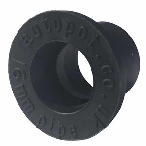 Black, cylindrical rubber "top hat" grommet for connecting 1/2-inch pipes in AutoPot hydroponic systems.