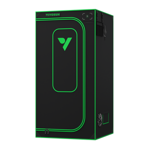 Black VIVOSUN grow tent with green trim and a green logo on the front door against a black background.