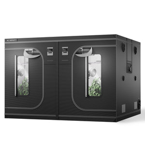 AC Infinity Cloudlab 10x10 black canvas grow tent with two glass windows for indoor gardening.