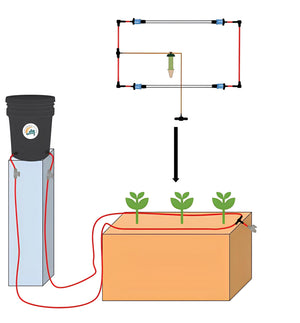 Blumat Ready, Set, Grow kit diagram showing a black water bucket feeding red irrigation tubing to a garden planter.