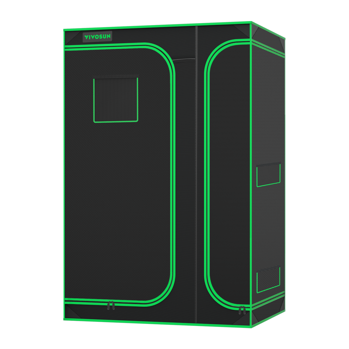 Black grow tent with bright green trim, a front observation window, and zippered doors against a black background.