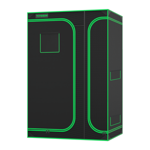 Black grow tent with bright green trim, a front observation window, and zippered doors against a black background.