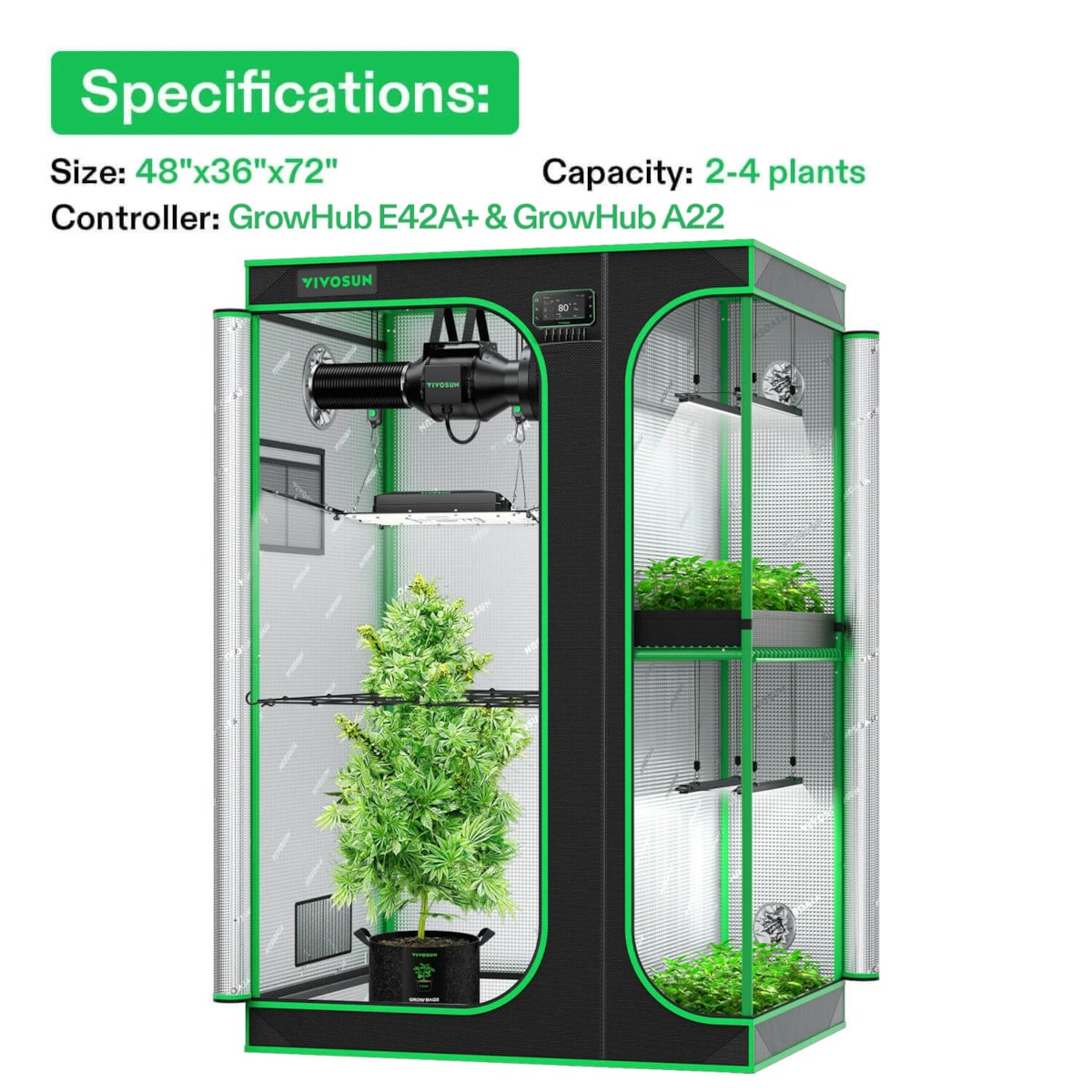 Black and green VIVOSUN grow tent setup with LED lights, inline fan, and live plants inside.