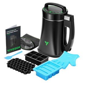 Black VIVOSUN herbal extraction machine with user manual, blue spatula, two molds, filter bag, and blue glove.
