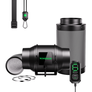 Black inline fan, carbon filter, ducting, controller, hanging straps, and metal clamps on black background.