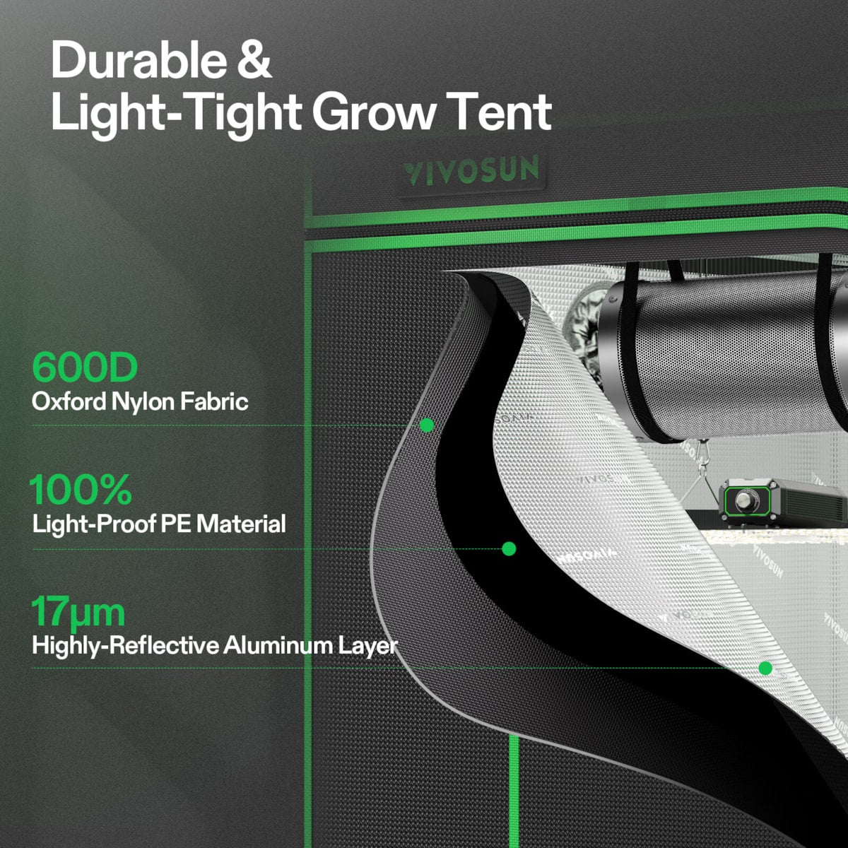 Cutaway view of a Vivosun grow tent showing its black oxford fabric, PE material, and reflective aluminum layers.