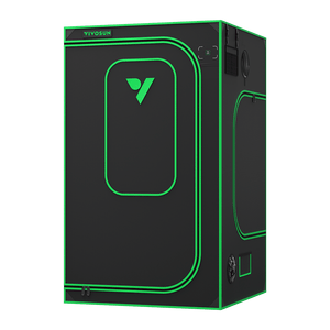 Rectangular black and green grow tent with zipper door and observation window on a black background.