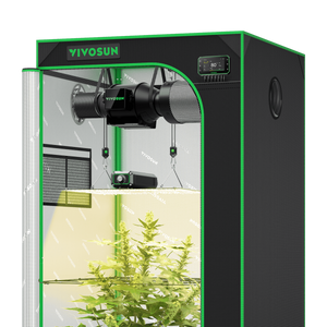 Black and green VIVOSUN grow tent interior with a plant, hanging grow light, fan, and carbon filter.