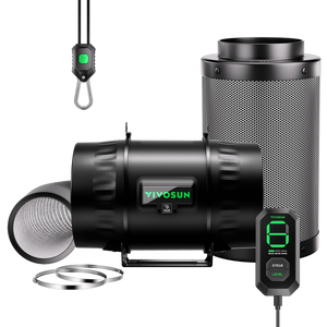 Black VIVOSUN inline fan, carbon filter, ducting, controller, rope hanger, and metal clamps on black.