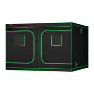 Black grow tent with green piping, two front doors, observation windows, and ventilation ports on a black background.