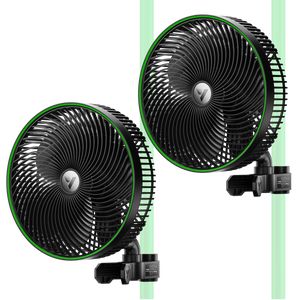 Two black clip-on fans with neon green trim rings and silver center logos.