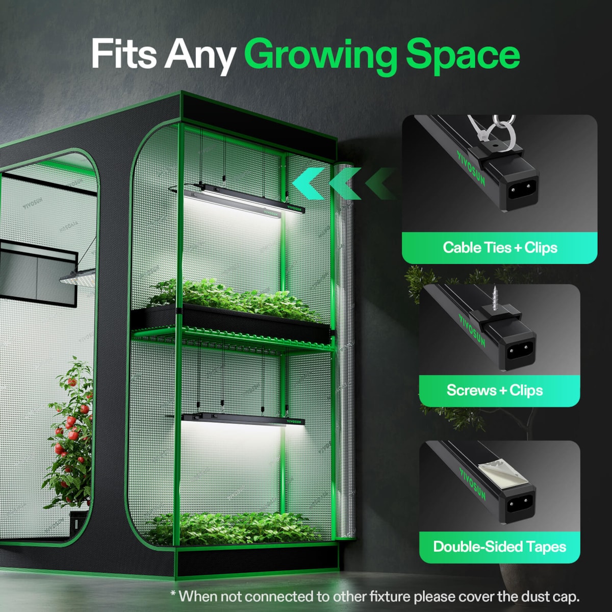 Black and green indoor grow tent with two levels of plants, hanging lights, and mounting accessories on the right.