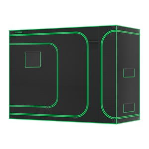 Black grow tent with neon green trim, zippers, viewing window, and ventilation ports against a black background.