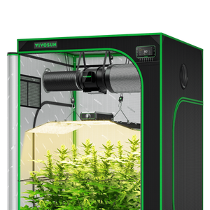 Black and green VIVOSUN grow tent interior with a hanging light, ventilation system, and green plants.