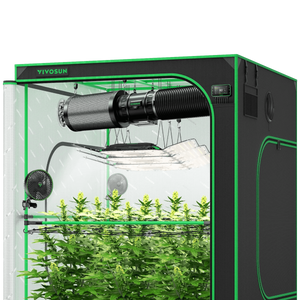 Black and green Vivosun grow tent containing green plants, hanging LED light, duct fan, filter, and two clip fans.