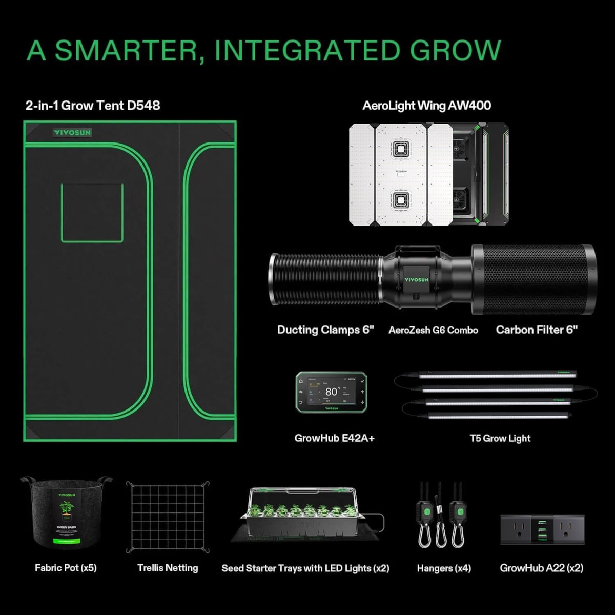 Grow kit components including a black tent, grow light, carbon filter, ducting, controller, pots, netting, and trays.