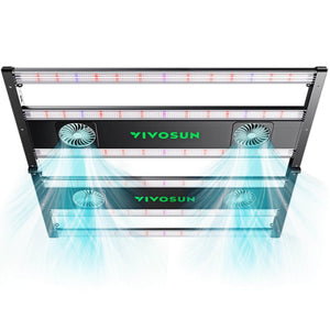 Black VIVOSUN LED grow light fixture with multiple LED bars and four integrated cooling fans blowing blue air.