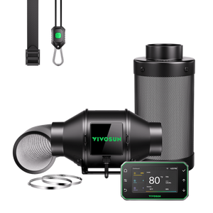 Black inline ventilation fan, carbon filter, ducting, digital controller, hanging straps, and clamps.