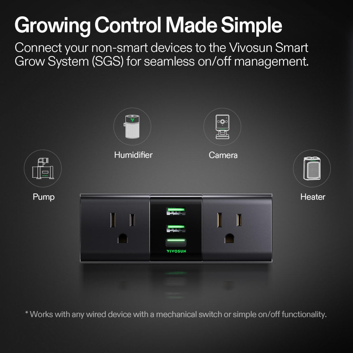 Black Vivosun smart power strip with two AC outlets and three USB ports, connecting to pump, humidifier, camera, and heater.