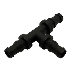 Black plastic 3/8" AutoPot T-connector for joining irrigation tubing in hydroponic gardening systems.