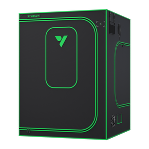 Black grow tent with green trim, zipper doors, observation window, and VIVOSUN logo against a black background.