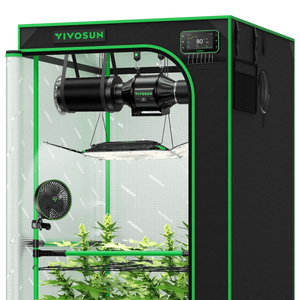 Vivosun black and green grow tent containing a ventilation system, grow light, clip-on fan, and plants.