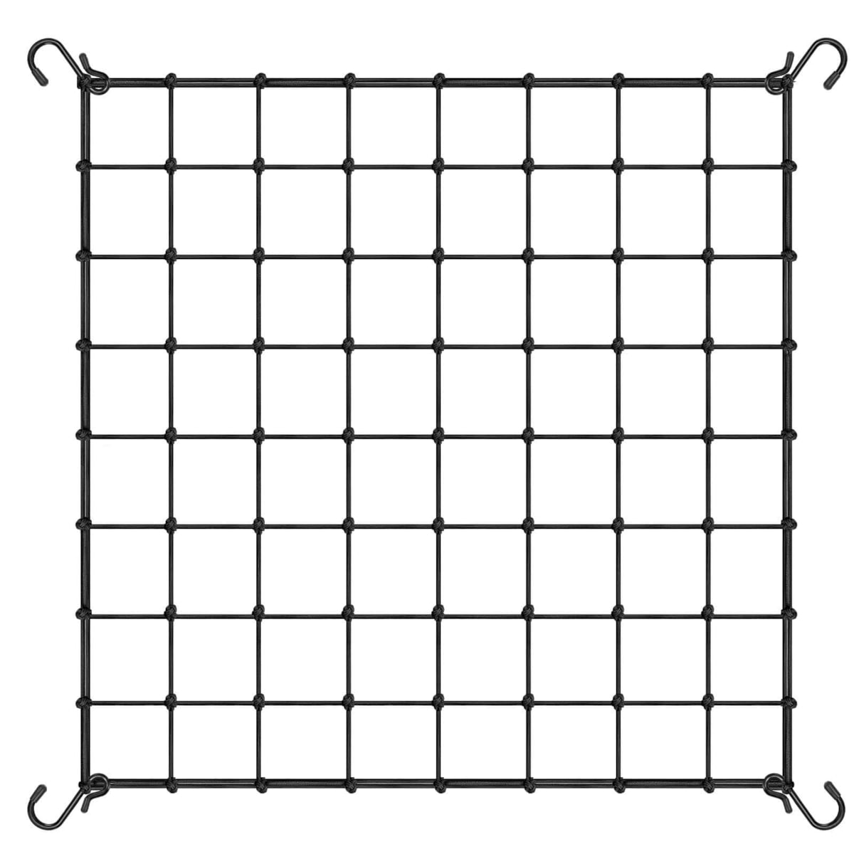 Black square trellis netting with knotted intersecting cords and hanging hooks at all four corners.