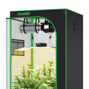 Black and green VIVOSUN grow tent interior with hanging light, ventilation system, and green plants.