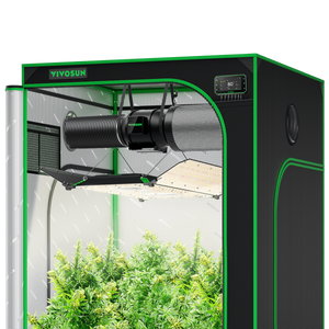 Black and green indoor grow tent containing a hanging LED light, duct fan, filter, and green plants.