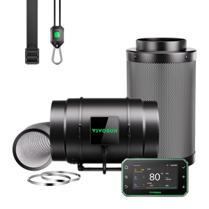 VIVOSUN ventilation kit with black inline fan, carbon filter, silver ducting, controller, clamps, and hanging straps.