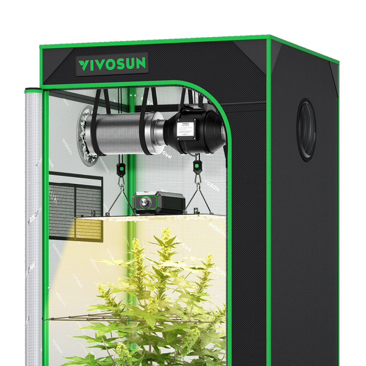 Black and green grow tent containing a hanging ventilation fan, LED grow light, and green plant.